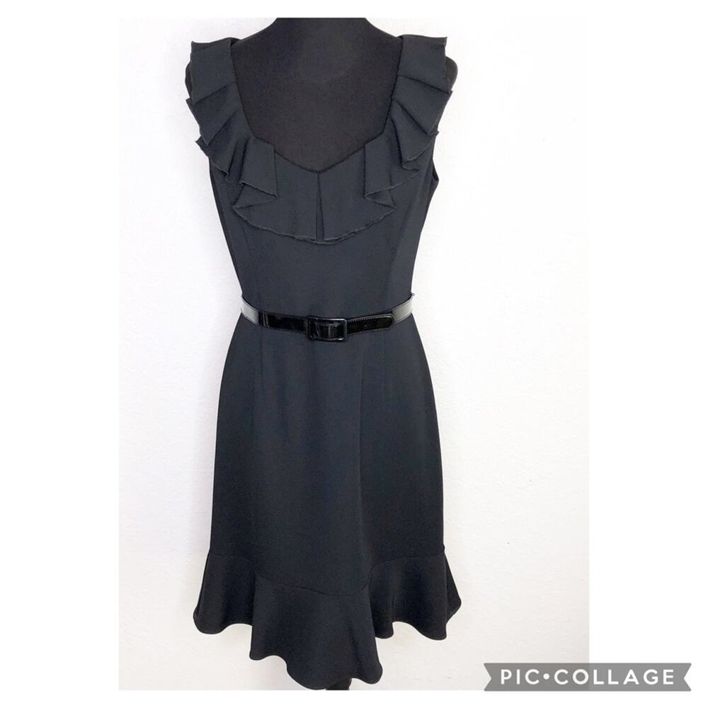 WHBM black ruffle v neck belted sleeveless dress size 8